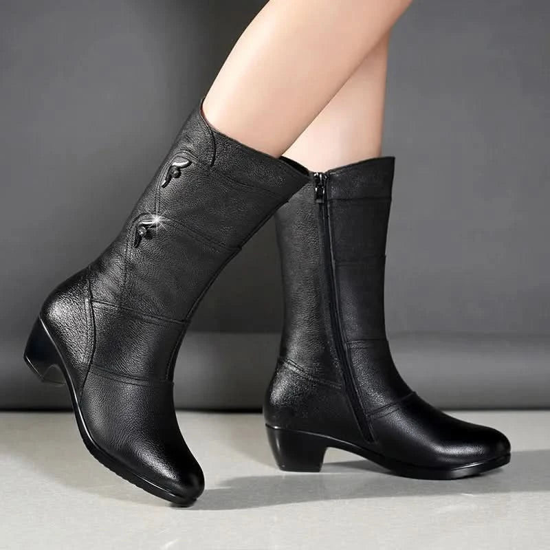 Bottes Femme - Cuir Élégant - Talon Bas Confortable - Fermeture Éclair Pratique