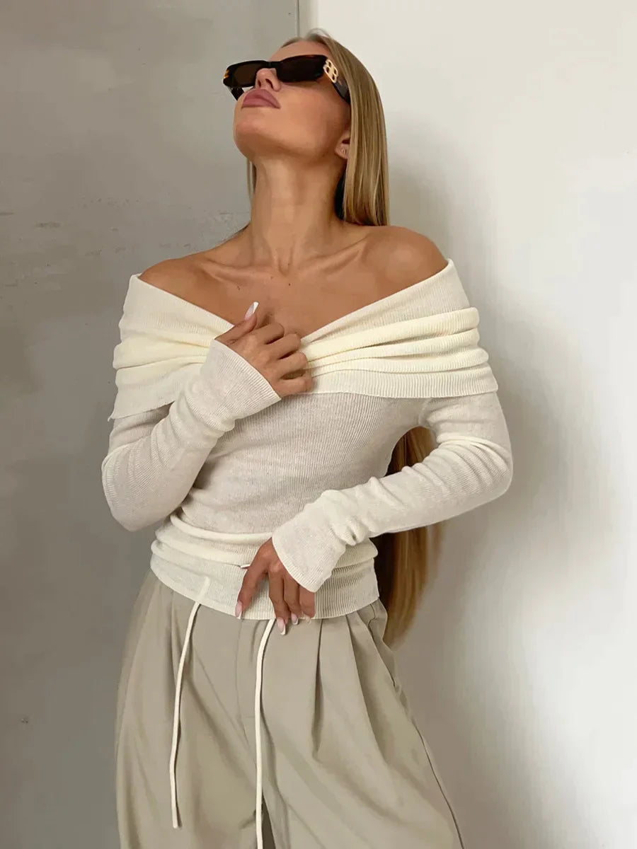 Sweatshirt femme off-shoulder – Côtelé – Coupe ajustée – Manches longues élégantes