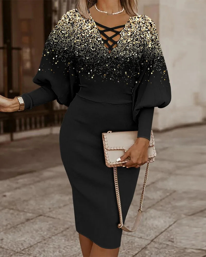 Robe Midi Femme - Motif Géométrique - Col V Lacé - Manches Amples - Taille Cintrée