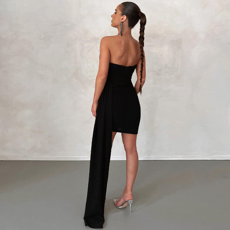 Robe Mini Asymétrique Femme - Sans Bretelles - Drapé Élégant - Coupe Moulante