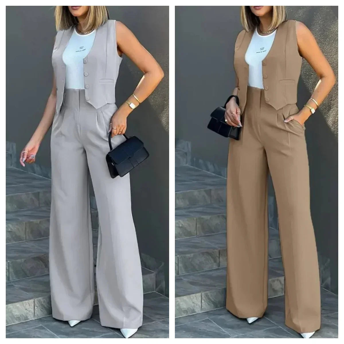 Ensemble élégant 2 pièces - Haut sans manches et pantalon taille haute