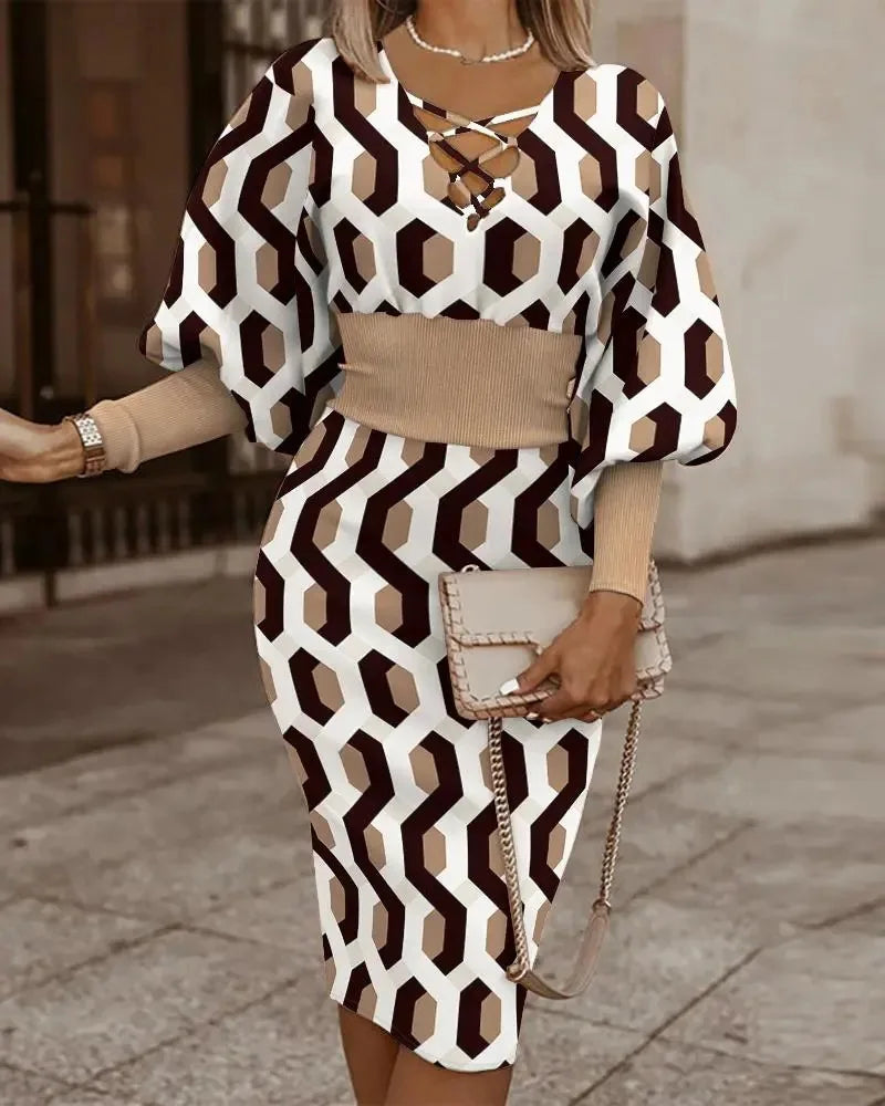 Robe Midi Femme - Motif Géométrique - Col V Lacé - Manches Amples - Taille Cintrée