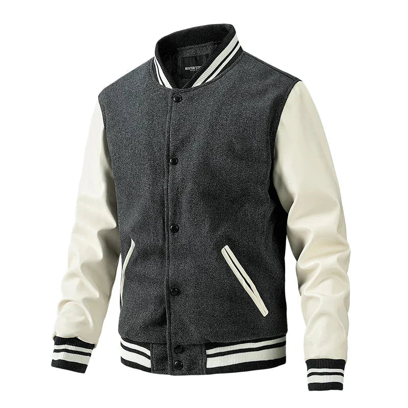 Veste homme style college – Laine mélangée – Coupe régulière – Manches contrastées – Boutons pression