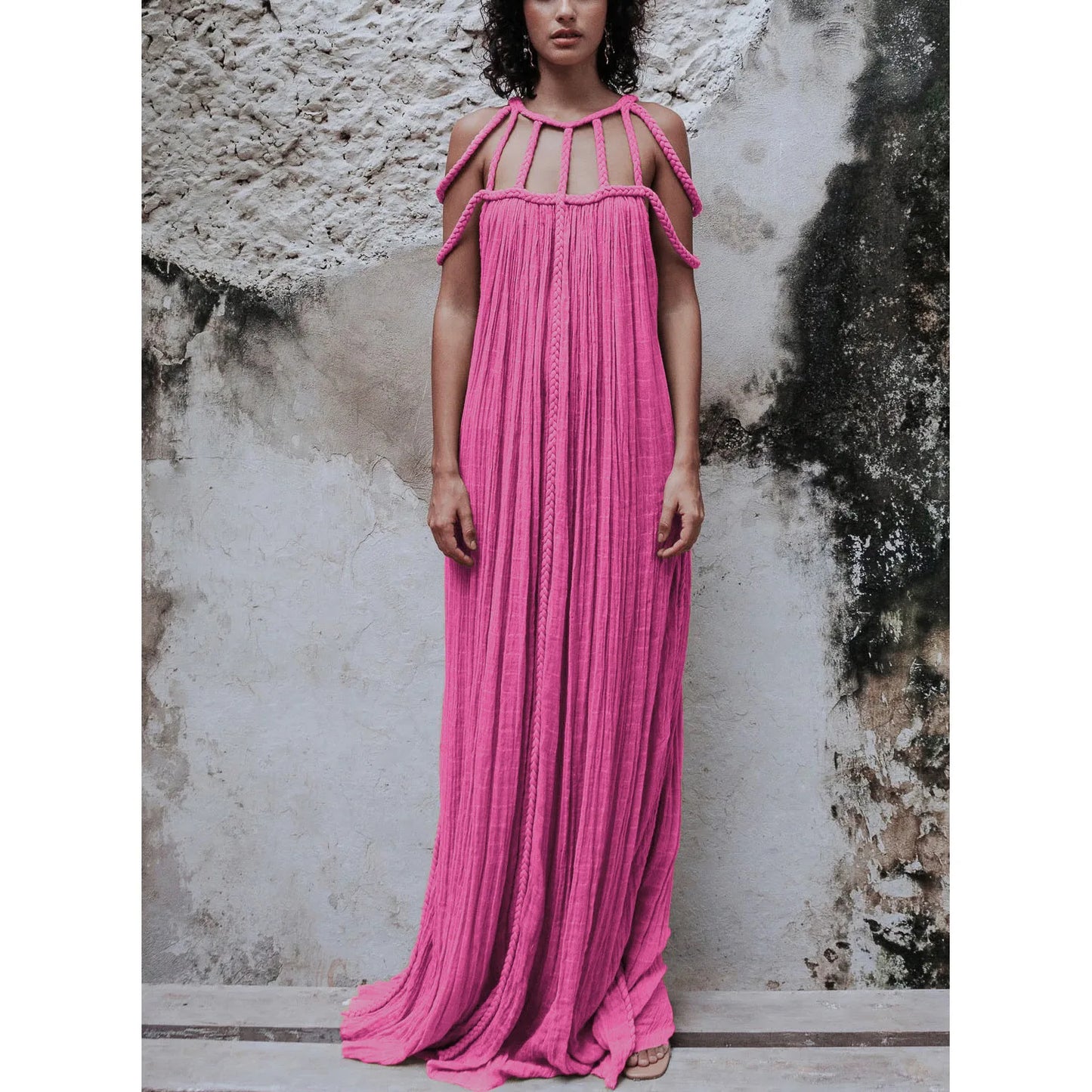 Robe Maxi Femme - Décolleté Halter - Plissée Élégante - Coupe Ample et Fluide