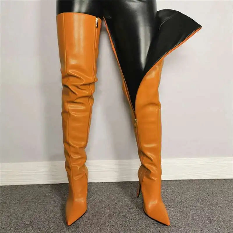 Bottes femme cuissardes – Talon haut – Bout pointu – Finition brillante – Fermeture zippée