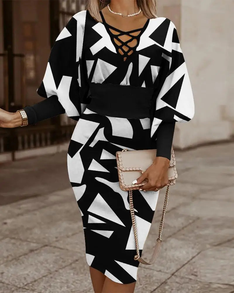 Robe Midi Femme - Motif Géométrique - Col V Lacé - Manches Amples - Taille Cintrée