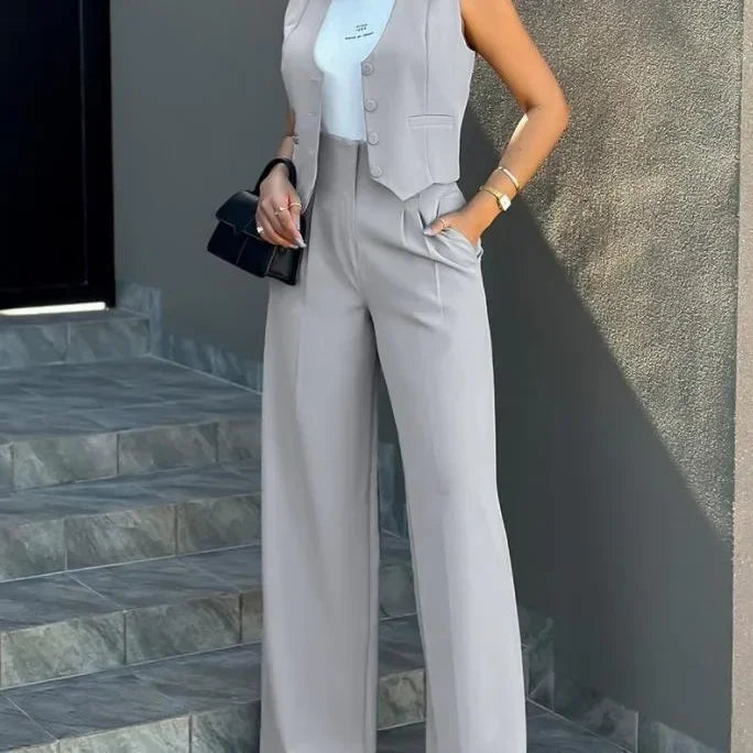 Ensemble élégant 2 pièces - Haut sans manches et pantalon taille haute