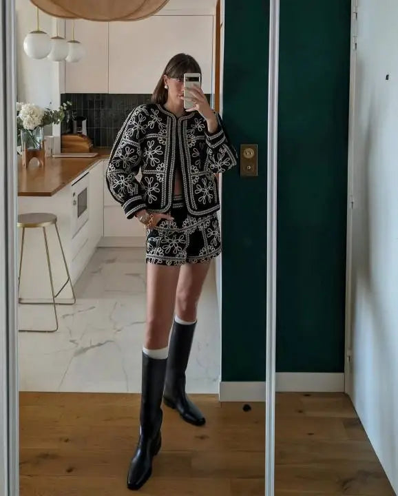 Manteau ethnique femme – Coton – Coupe décontractée – Brodé – Manches lanterne