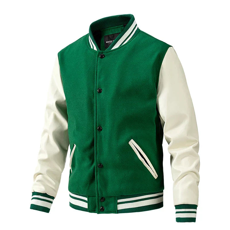 Veste homme style college – Laine mélangée – Coupe régulière – Manches contrastées – Boutons pression