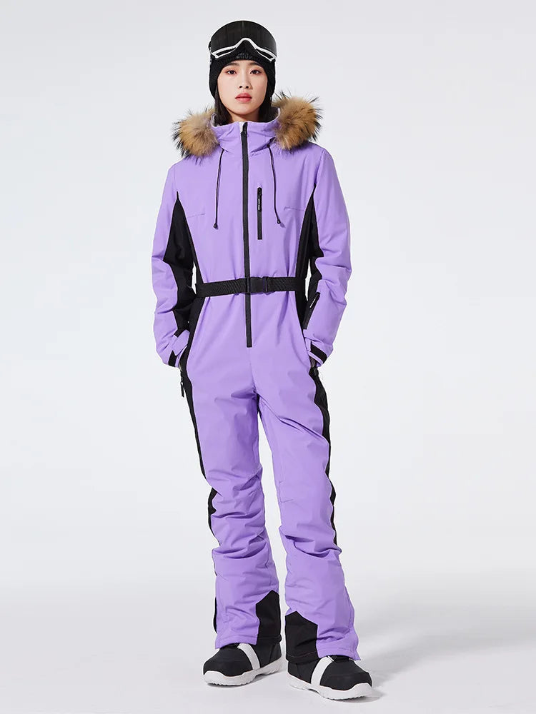 Combinaison de ski femme – Coupe ajustée – Ceinture – Capuche fausse fourrure – Imperméable