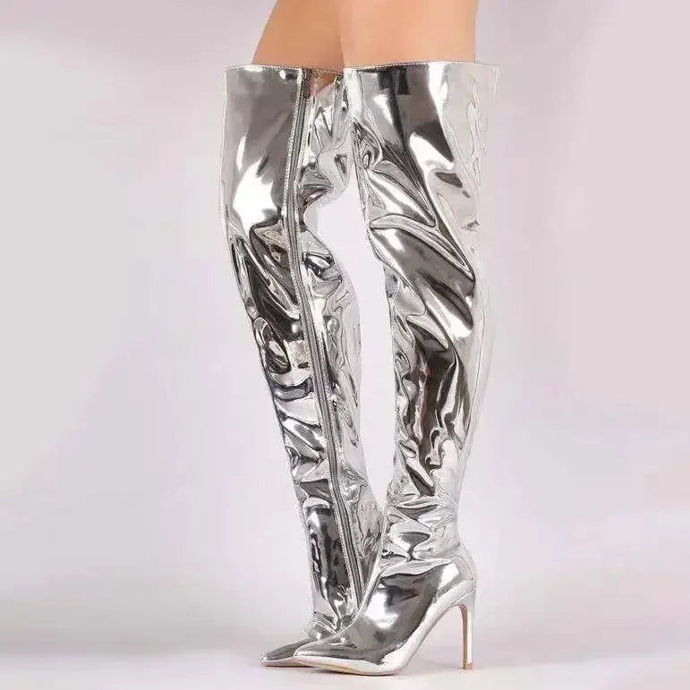 Bottes cuissardes femme – Finition brillante – Bout pointu – Talon aiguille – Zippées