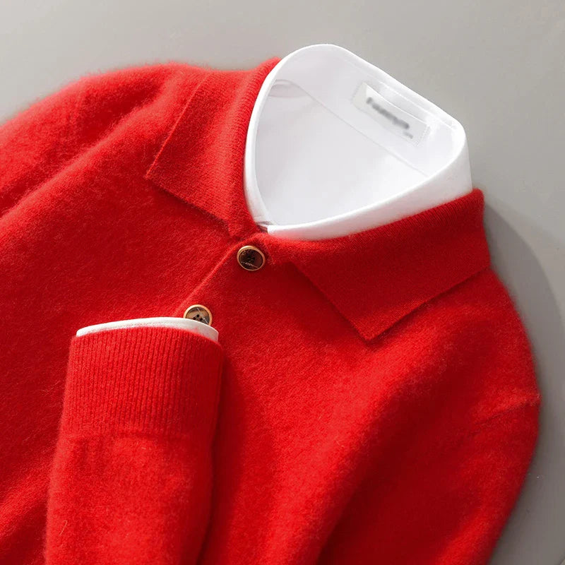 Sweatshirt homme – Maille laine – Coupe décontractée – Col polo – Bouton décoratif