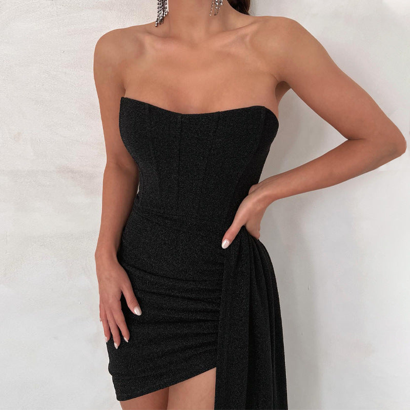 Robe Mini Asymétrique Femme - Sans Bretelles - Drapé Élégant - Coupe Moulante