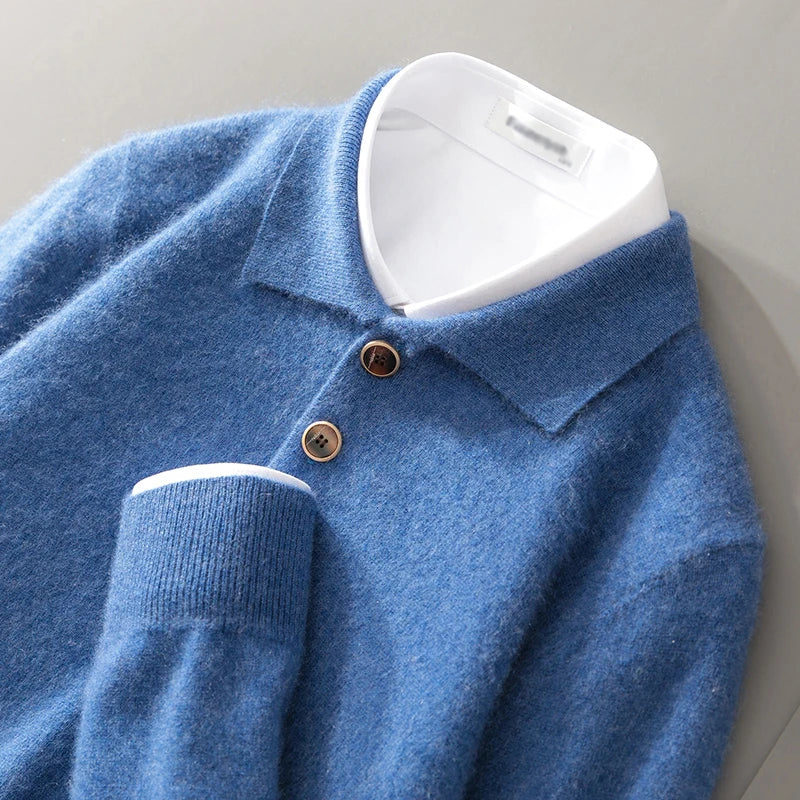 Sweatshirt homme – Maille laine – Coupe décontractée – Col polo – Bouton décoratif