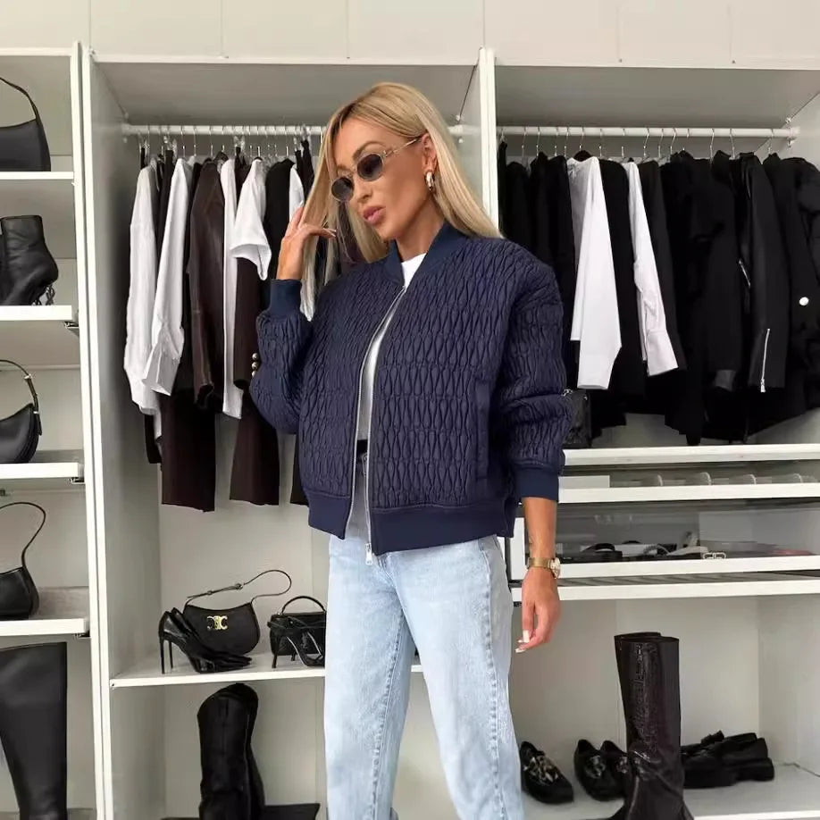 Veste bomber femme – Coupe décontractée – Matelassée – Zip frontal – Finitions côtelées