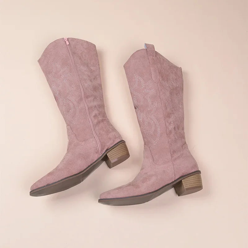 Bottes cowboy femme – Style western brodé – Suédine – Mi-mollet – Talon bas