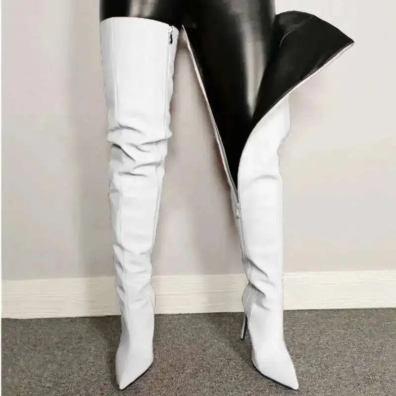 Bottes femme cuissardes – Talon haut – Bout pointu – Finition brillante – Fermeture zippée