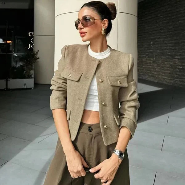 Veste bomber femme – Laine – Coupe courte structurée – Manches longues – Col rond