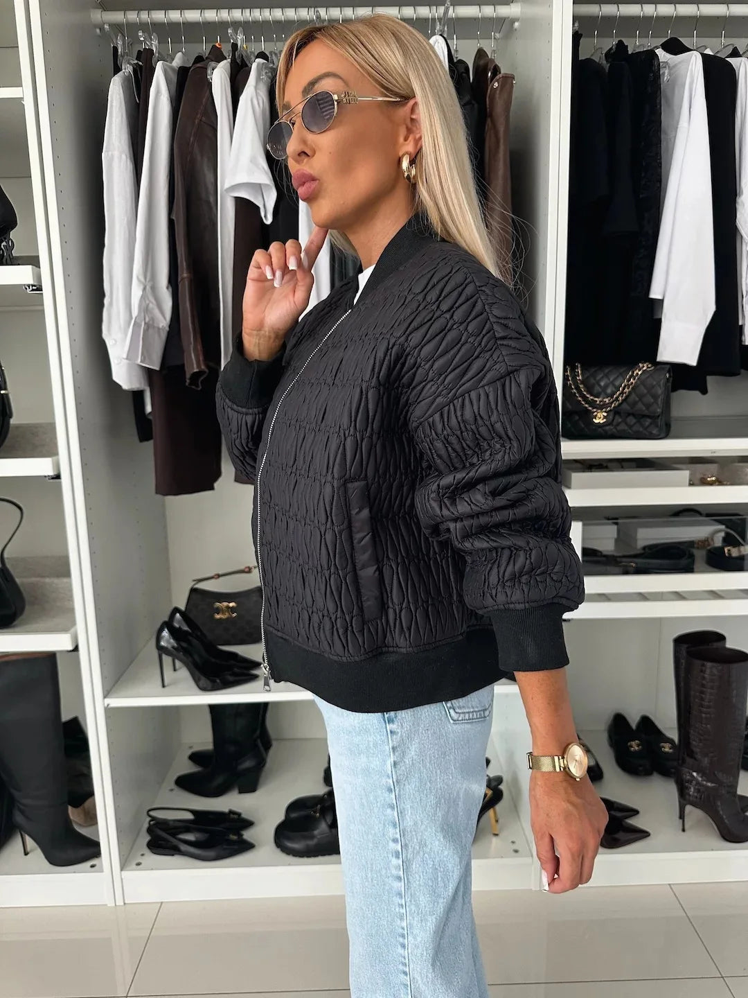 Veste bomber femme – Coupe décontractée – Matelassée – Zip frontal – Finitions côtelées