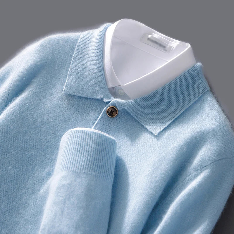Sweatshirt homme – Maille laine – Coupe décontractée – Col polo – Bouton décoratif