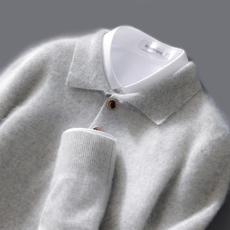 Sweatshirt homme – Maille laine – Coupe décontractée – Col polo – Bouton décoratif