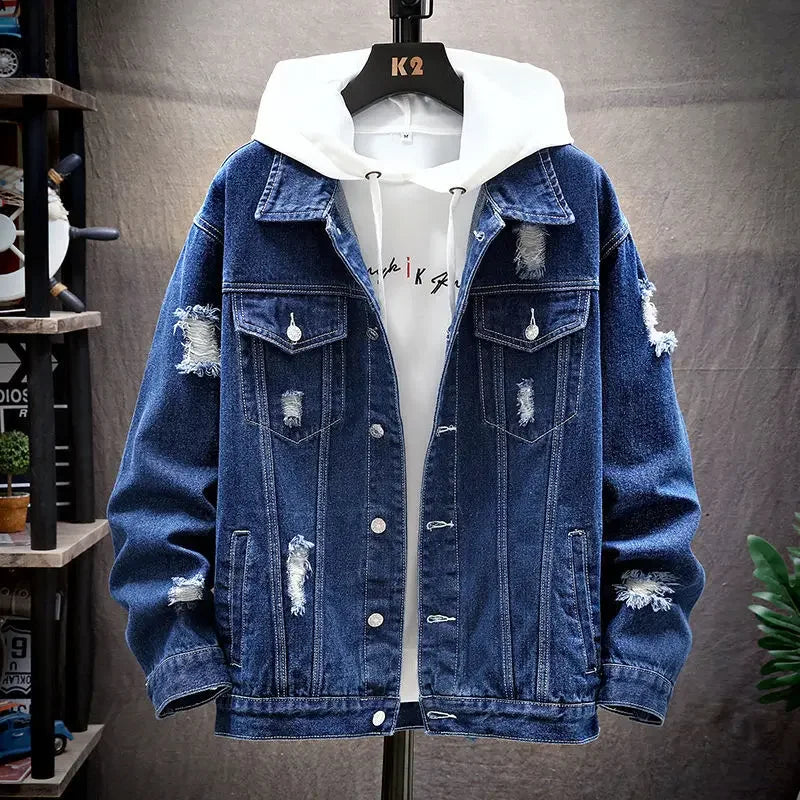 Veste en jean homme – Coupe ample – Effet usé – Boutonnage simple – Style décontracté