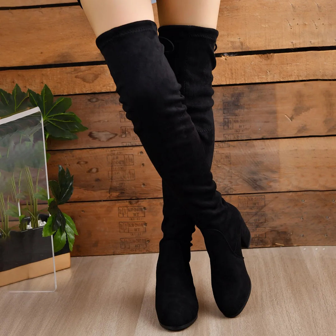 Bottes cuissardes femme – Effet suédé – Talon bloc – Bout pointu – Laçage dos