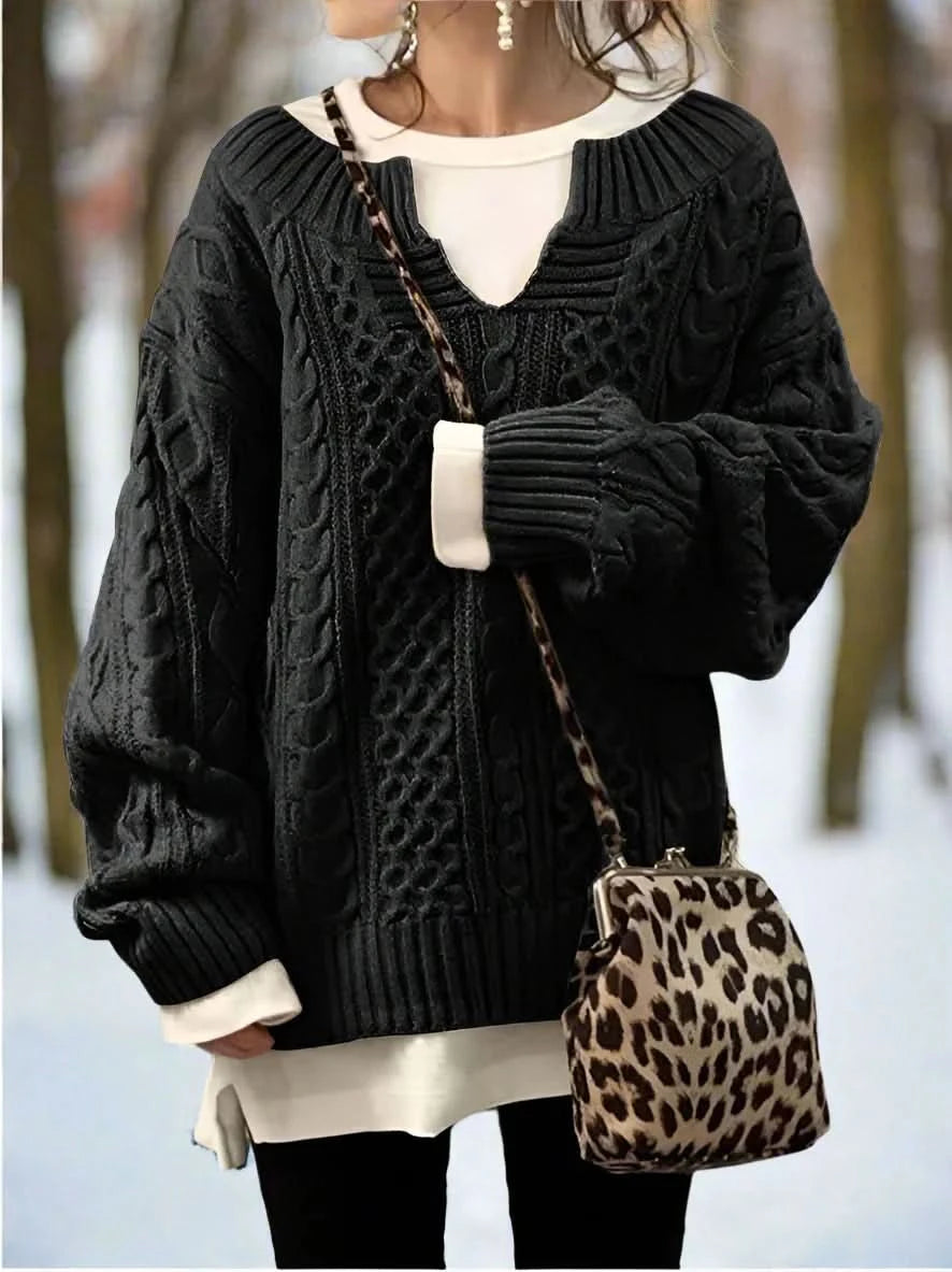 Pull ample à col en V élégant, confortable et polyvalent pour femme.
