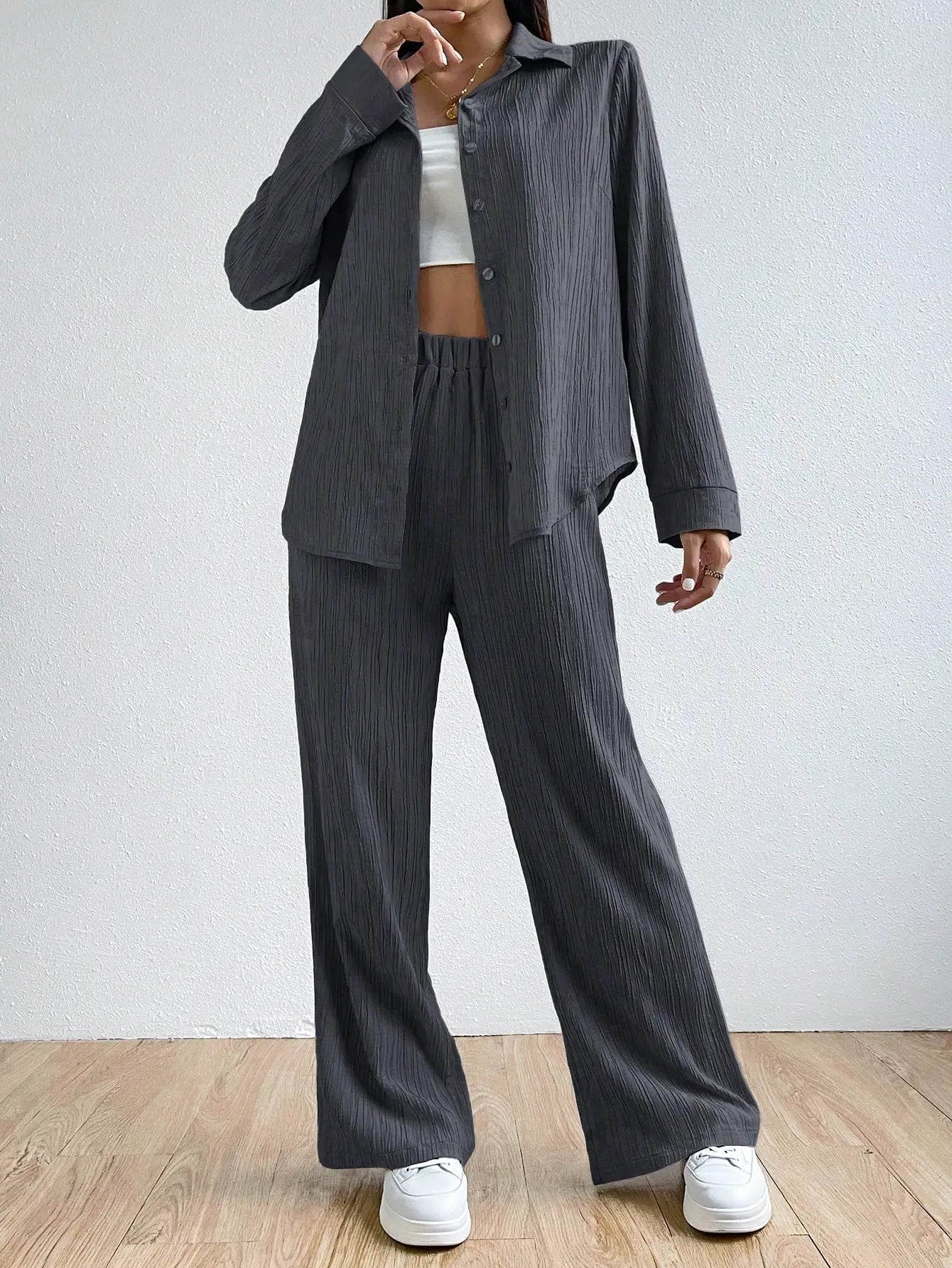 Tailleur Pantalon Femme – Tissu Respirant – Coupe Ample – Chemise Longue Manches Longues – Pantalon Droit Taille Élastique