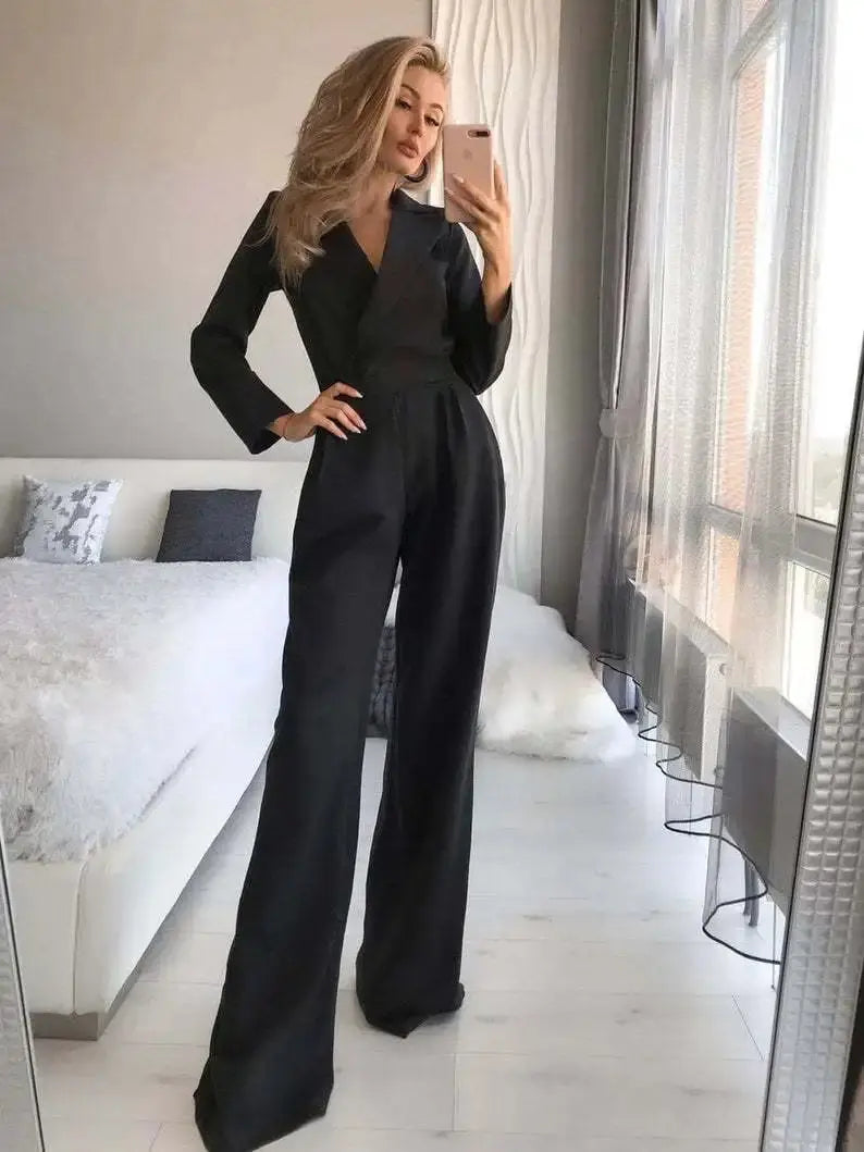 Combinaison Femme - Coupe Ajustée - Manches Longues - Décolleté V - Jambes Larges Élégantes