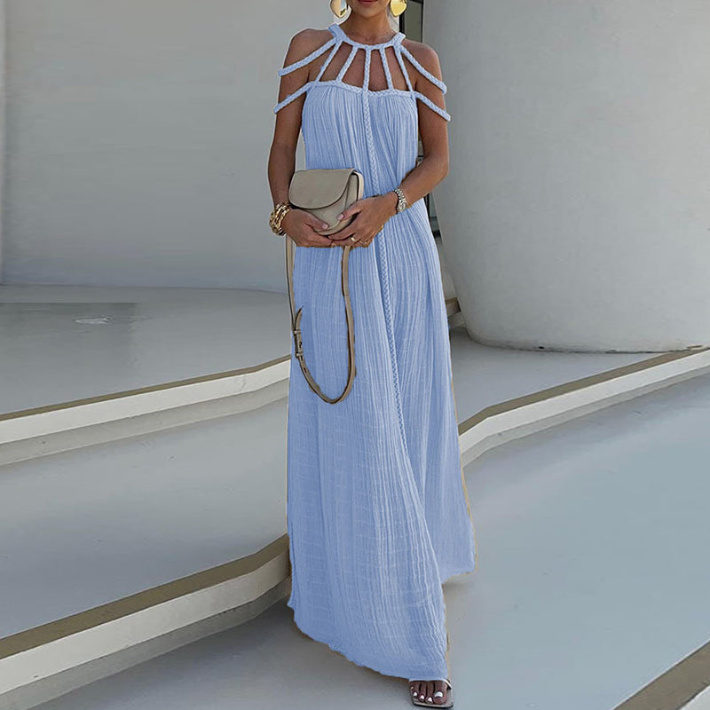 Robe Maxi Femme - Décolleté Halter - Plissée Élégante - Coupe Ample et Fluide