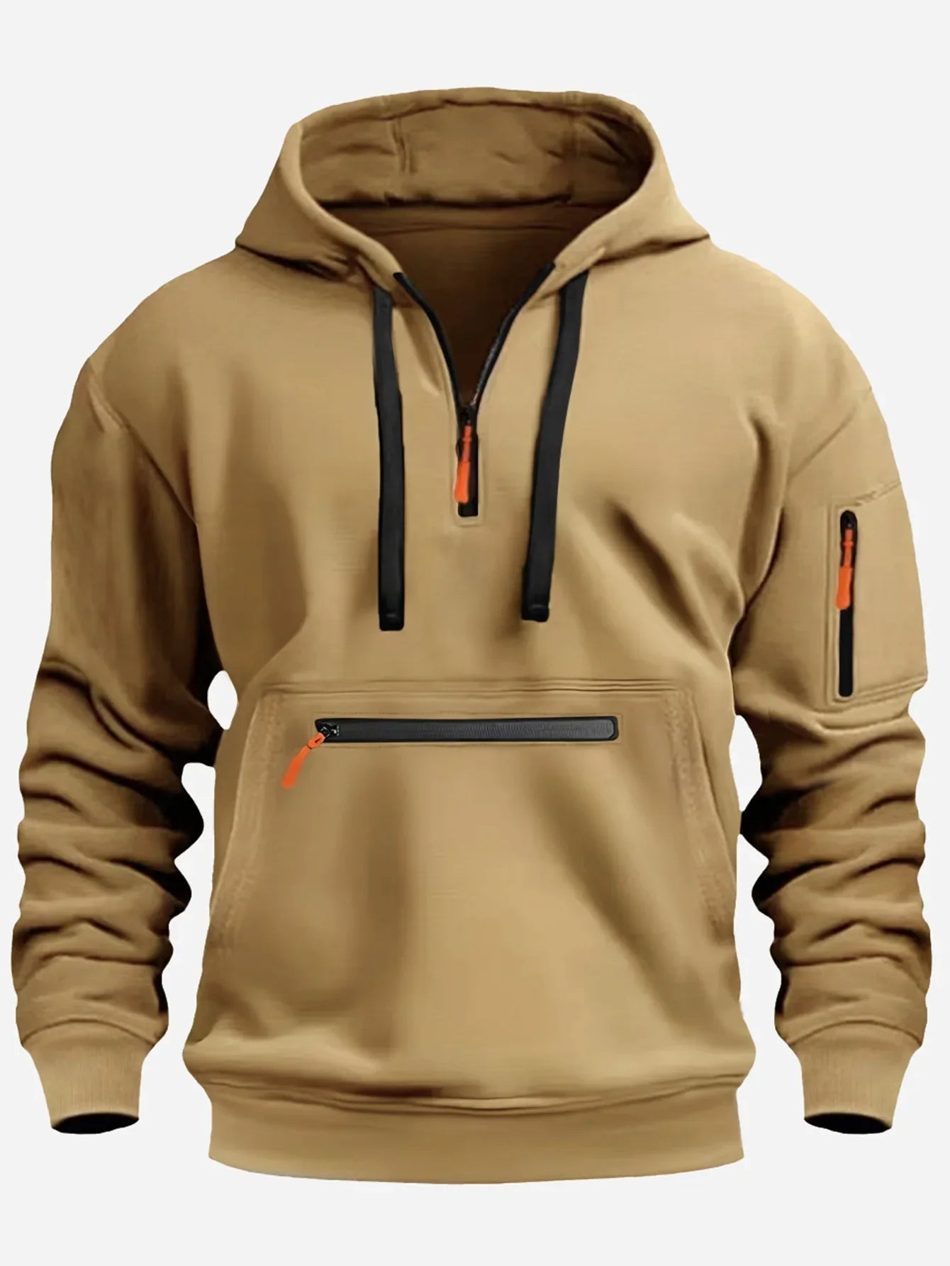 Sweat-shirt homme – Coupe ample – Polaire douce – Capuche – Demi-zip – Poches zippées