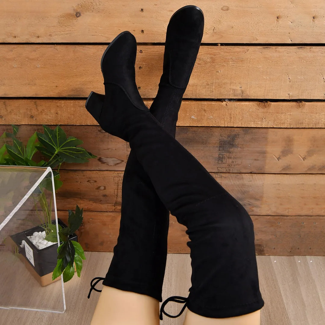Bottes cuissardes femme – Effet suédé – Talon bloc – Bout pointu – Laçage dos