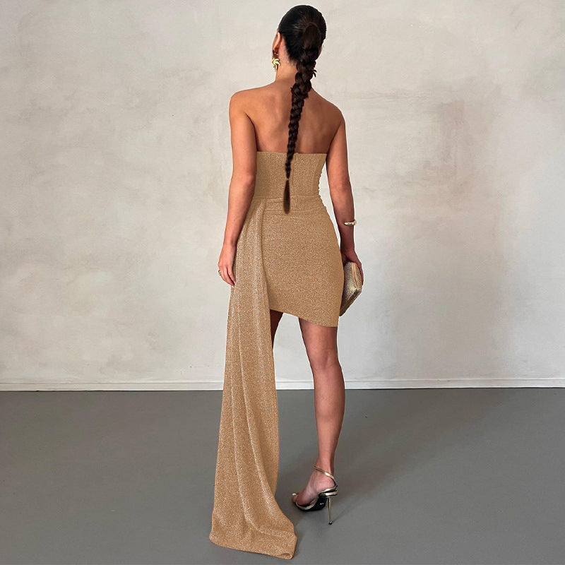 Robe Mini Asymétrique Femme - Sans Bretelles - Drapé Élégant - Coupe Moulante