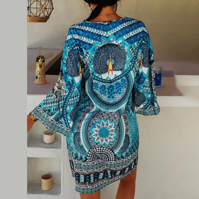 Robe Tunique Femme – Col V – Manches Amples – Tissu Léger – Motifs Bohèmes