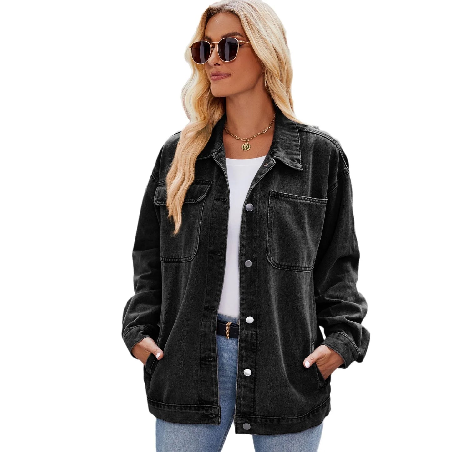 Veste en jean femme – Coupe décontractée – Poches poitrine – Style urbain boutonné