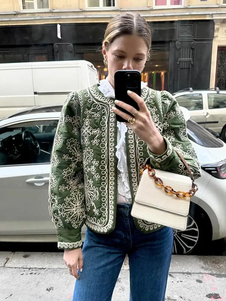 Manteau ethnique femme – Coton – Coupe décontractée – Brodé – Manches lanterne