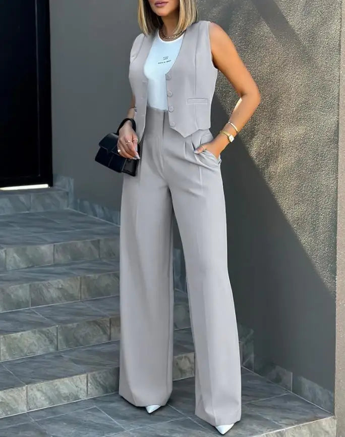 Ensemble élégant 2 pièces - Haut sans manches et pantalon taille haute