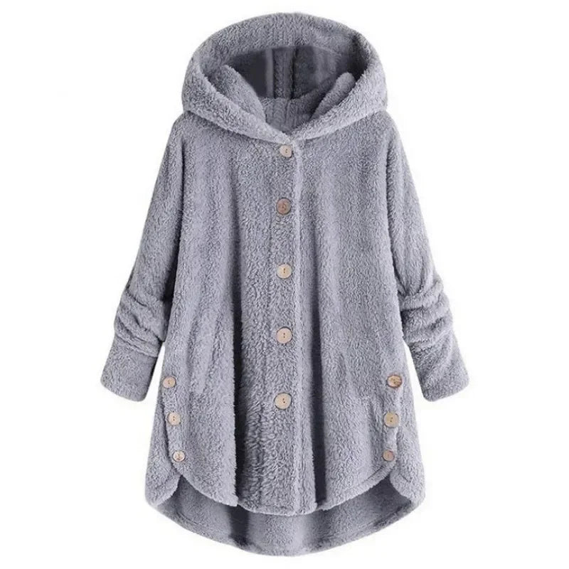 Veste polaire femme – Coupe décontractée – Capuche – Boutons – Ourlet arrière long