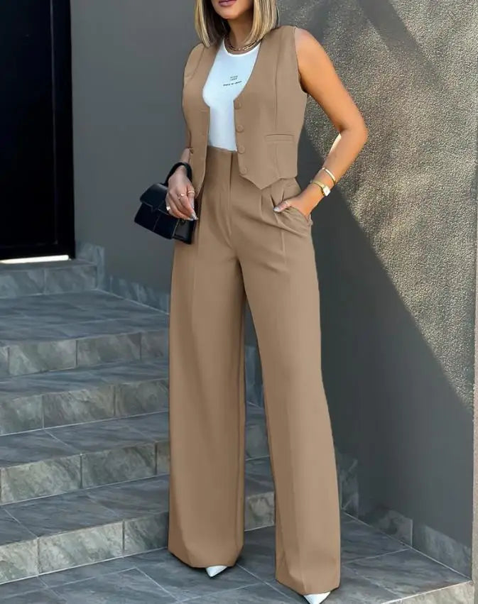 Ensemble élégant 2 pièces - Haut sans manches et pantalon taille haute