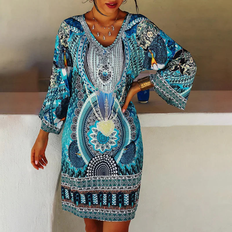 Robe Tunique Femme – Col V – Manches Amples – Tissu Léger – Motifs Bohèmes
