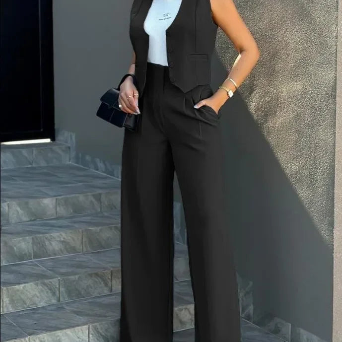 Ensemble élégant 2 pièces - Haut sans manches et pantalon taille haute