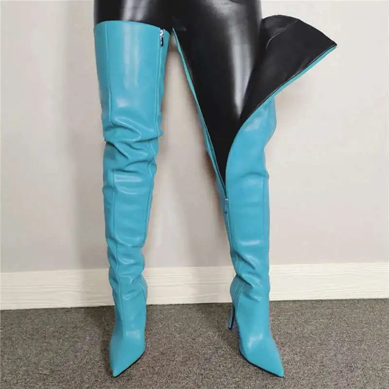 Bottes femme cuissardes – Talon haut – Bout pointu – Finition brillante – Fermeture zippée