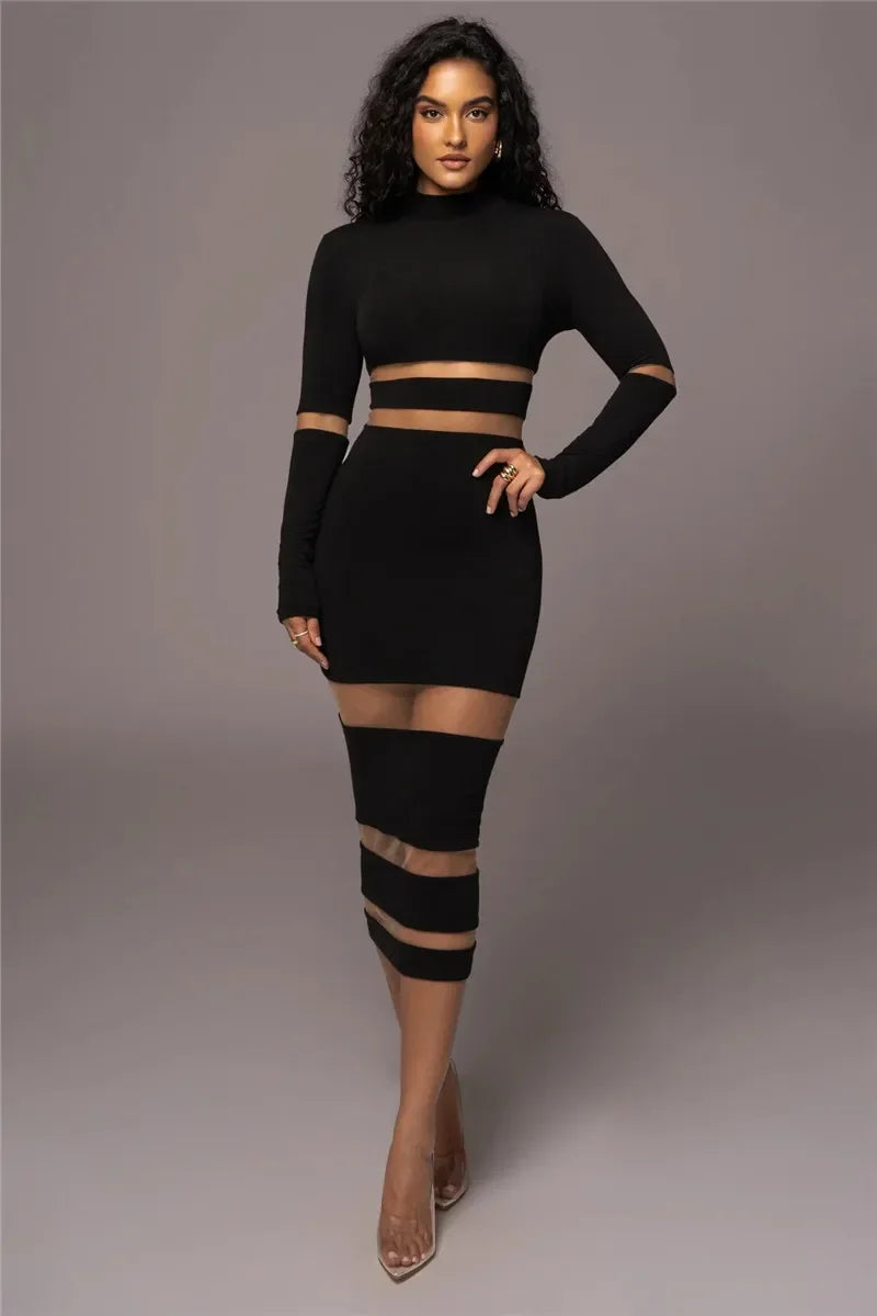 Robe Midi Femme – Coupe Moulante – Manches Longues – Col Montant – Découpes Taille