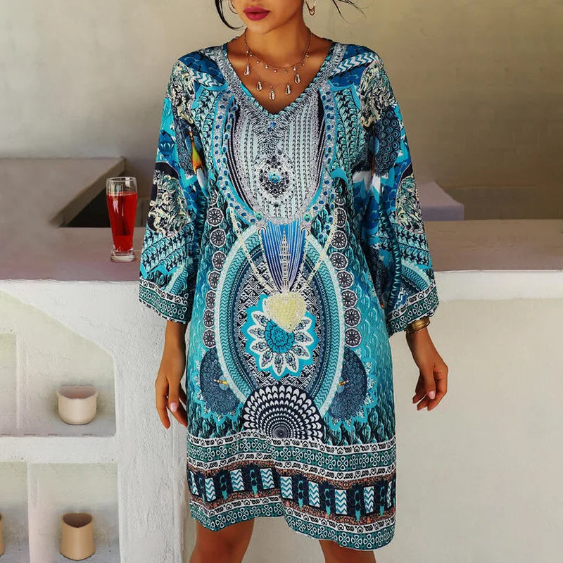 Robe Tunique Femme – Col V – Manches Amples – Tissu Léger – Motifs Bohèmes