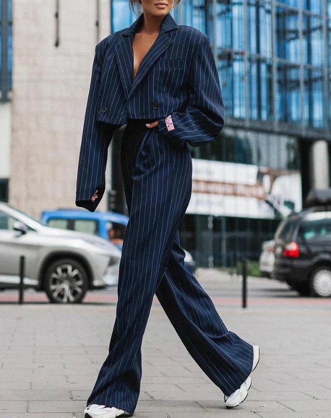 Tailleur Femme – Blazer Cintré Double Boutonnage – Pantalon Large Taille Haute
