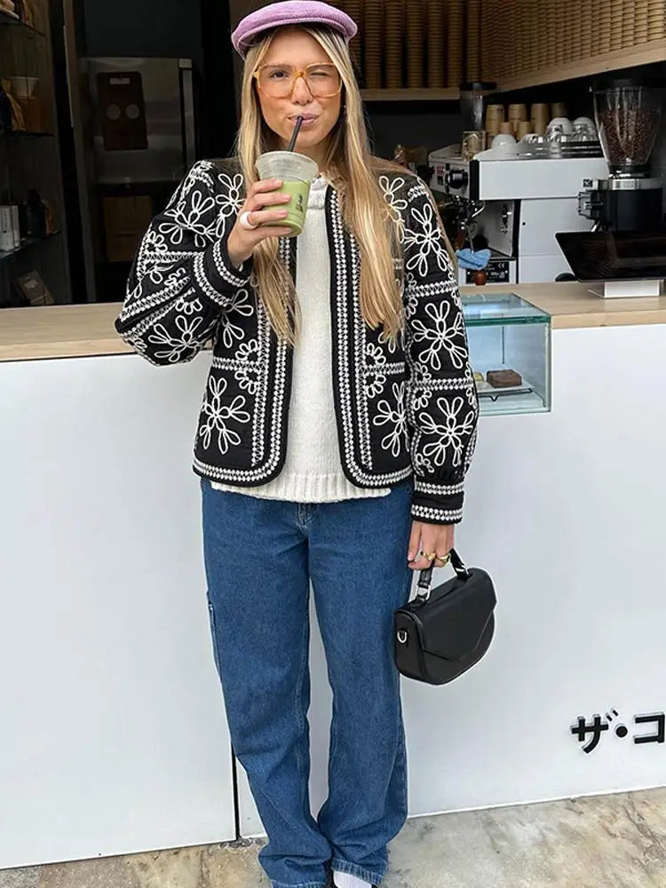 Manteau ethnique femme – Coton – Coupe décontractée – Brodé – Manches lanterne