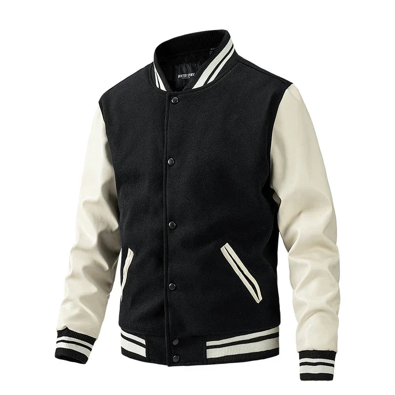 Veste homme style college – Laine mélangée – Coupe régulière – Manches contrastées – Boutons pression