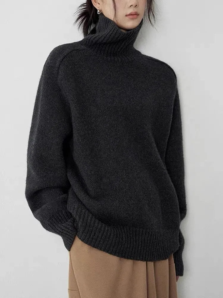 Sweat-shirt femme – Col montant – Laine – Coupe oversize – Finition côtelée