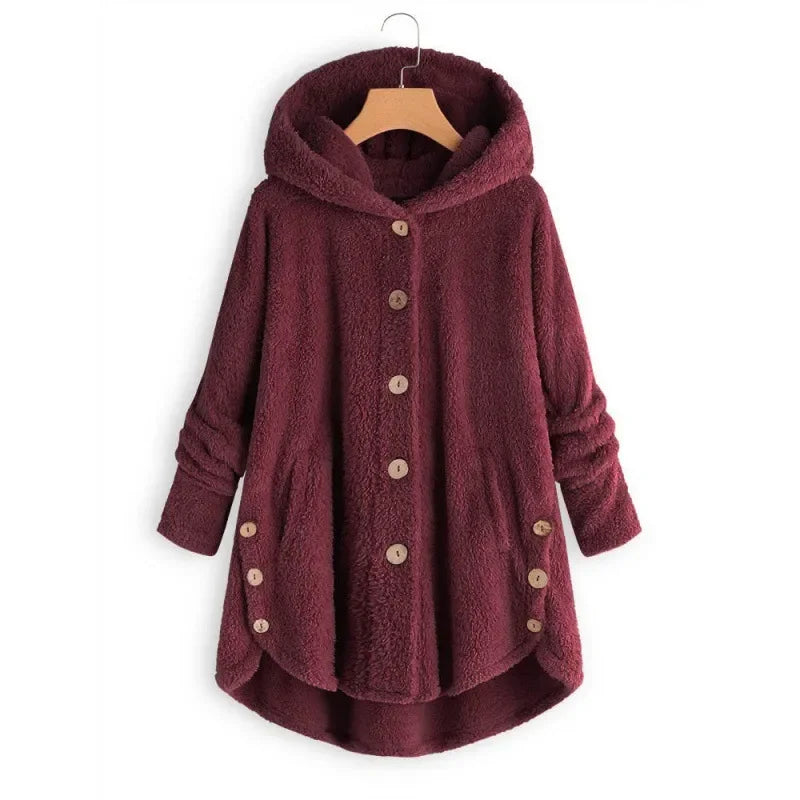Veste polaire femme – Coupe décontractée – Capuche – Boutons – Ourlet arrière long